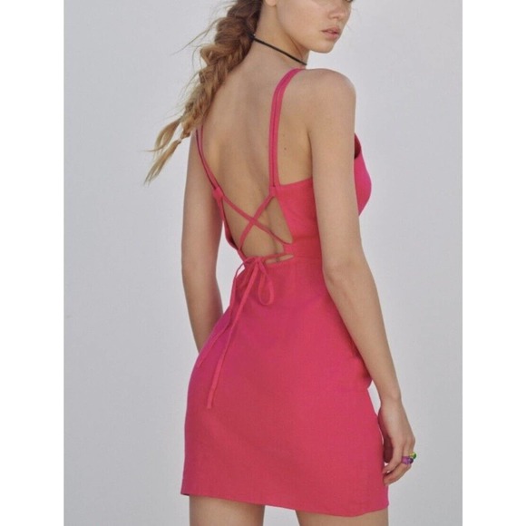 ZARA Pink Linen Faux Wrap Mini Dress Double Straps Tie Back Size XS NWT - Picture 4 of 8